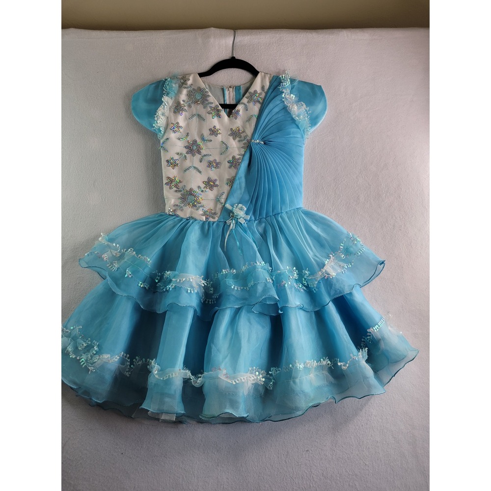 Girls Blue Sequined Snowflake Pageant Dress Tiered Organza Party Gown Size 10/12